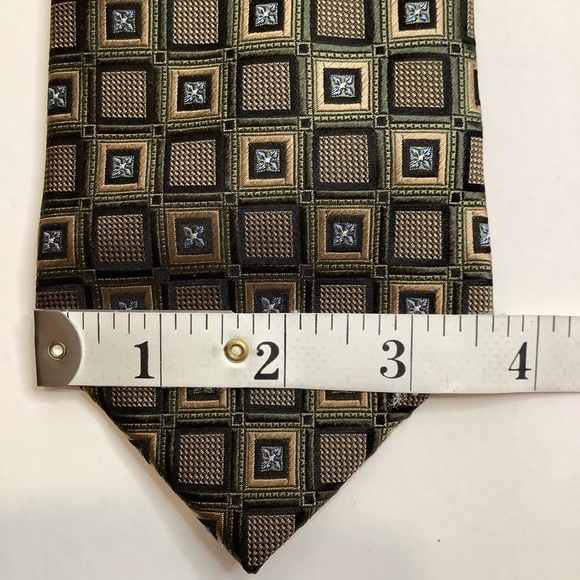 VINTAGE Italian Green & Gold Geometric Woven Silk Tie - Picture 10 of 12